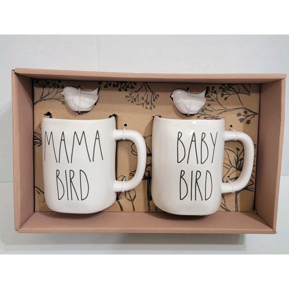 NEW! RAE DUNN‎ COFFEE 2 MUG SET MAMA BIRD & BABY BIRD With CHARMS GIFT BOX SET